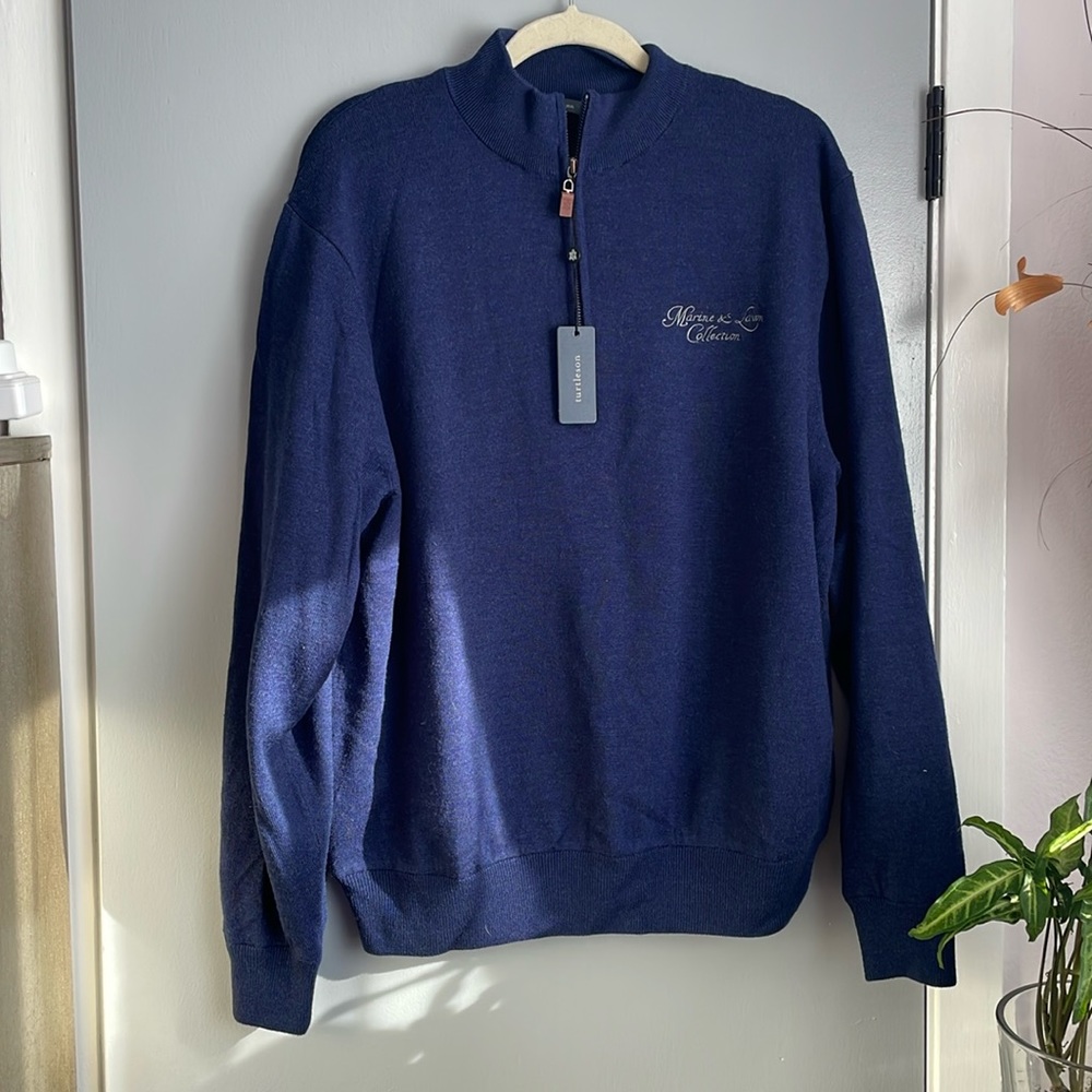 Turtleson lined merino 1/4 zip navy sweater, size L; new